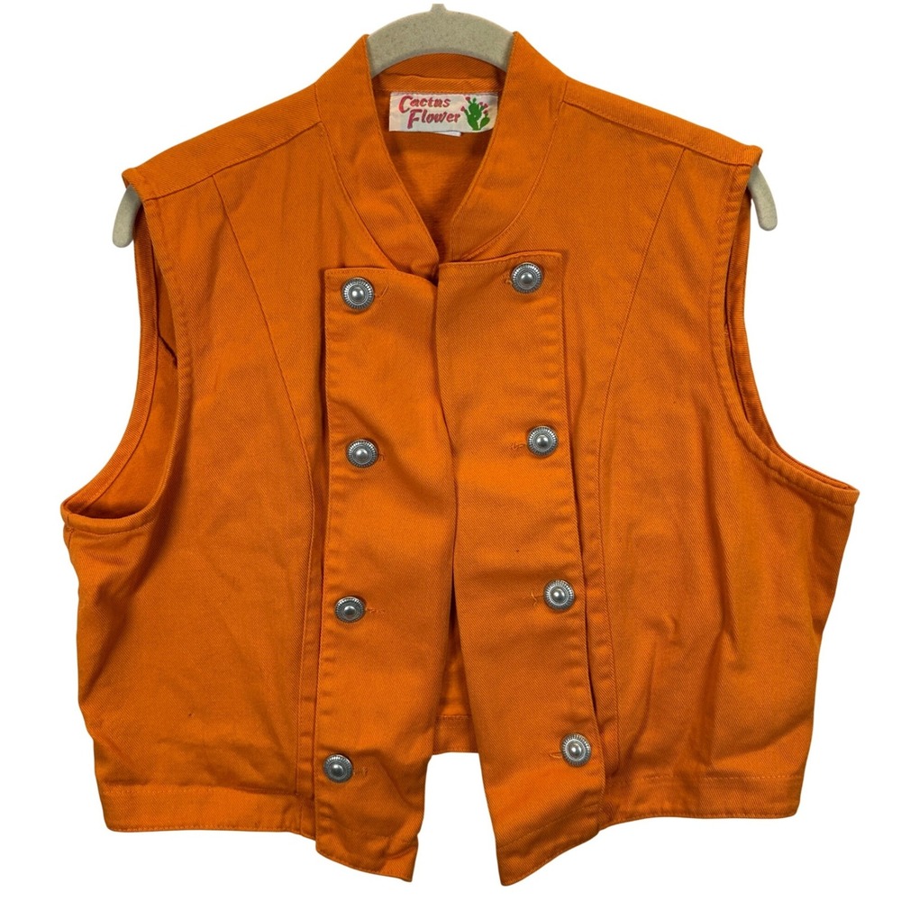 Cactus Flower Orange Cotton Double Breasted Western Vest Medium Made in USA 90s